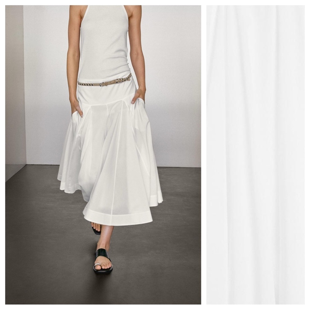 NWT. Massimo Dutti White 100% Cotton Midi Skirt with Yoke Detail. Size 2. - Picture 2 of 12